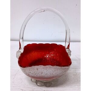 Murano Art Glass Basket MCM Red Vintage Hand Blown Scalloped Bowl Centerpiece